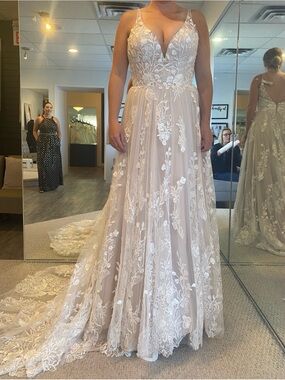Floral Lace V-Neck A-Line Wedding Dress in Blush